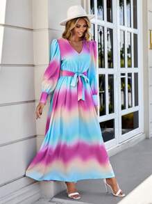 SHEIN VCAY 漸變圖案腰帶A字洋裝 - 彩色 - 查看 3