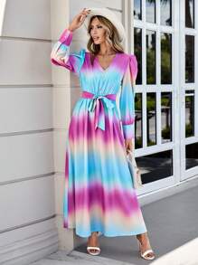 SHEIN VCAY 漸變圖案腰帶A字洋裝 - 彩色 - 查看 4