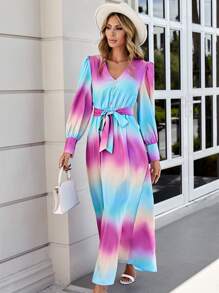 SHEIN VCAY 漸變圖案腰帶A字洋裝 - 彩色 - 查看 5