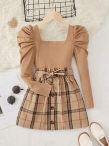 SHEIN 女大童格紋印花羊腿袖T恤&紙袋腰腰帶半身裙 - 彩色 - 查看 1