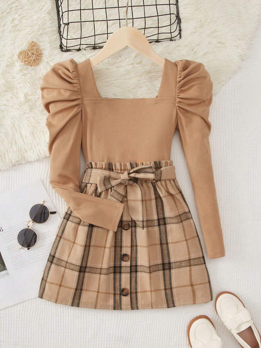 SHEIN 女大童格紋印花羊腿袖T恤&紙袋腰腰帶半身裙 - 彩色 - 查看 1