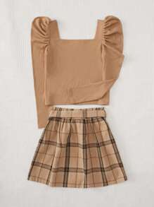 SHEIN 女大童格紋印花羊腿袖T恤&紙袋腰腰帶半身裙 - 彩色 - 查看 2