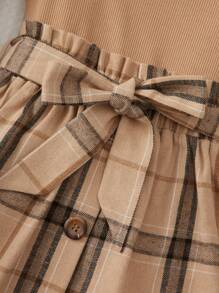 SHEIN 女大童格紋印花羊腿袖T恤&紙袋腰腰帶半身裙 - 彩色 - 查看 4