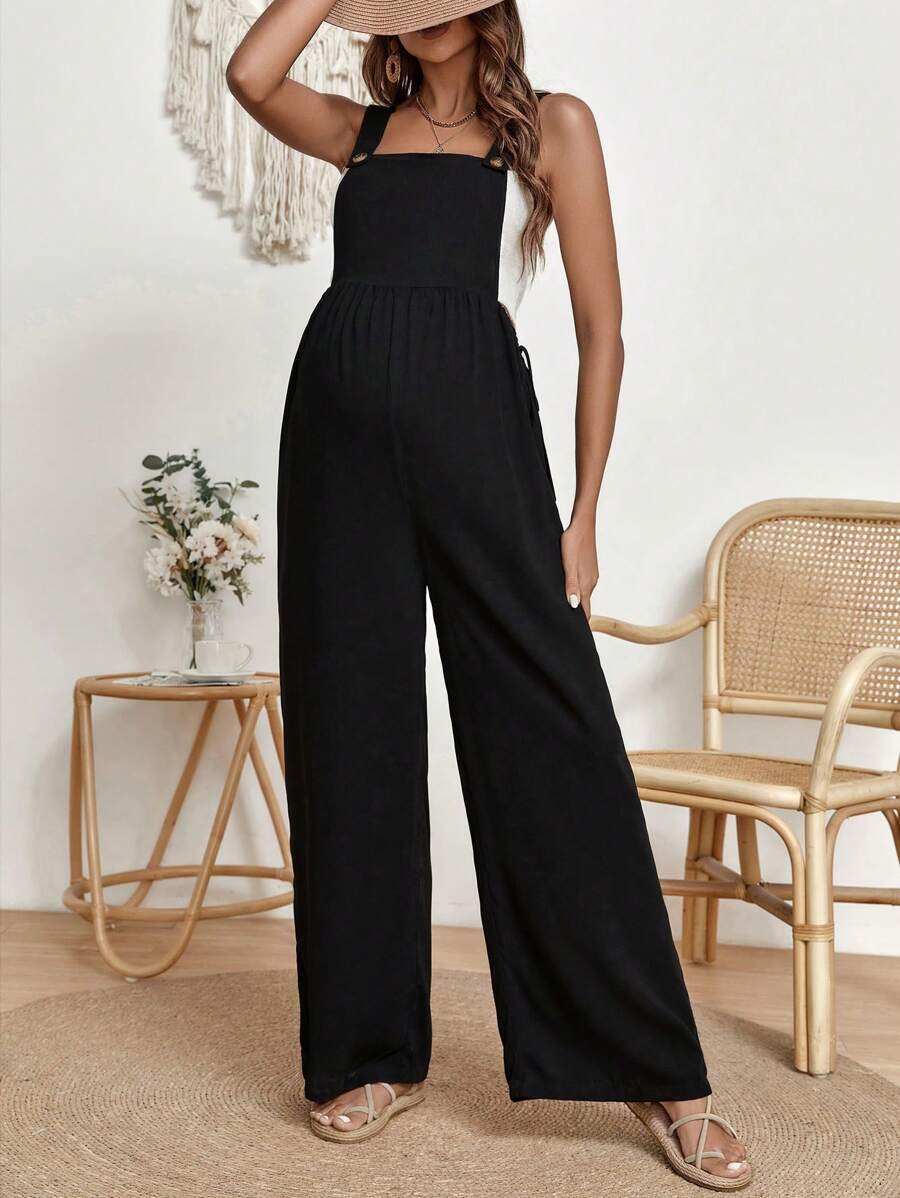 SHEIN 孕婦素色闊腿背帶連身褲 - 黑色 - 查看 1