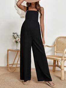 SHEIN 孕婦素色闊腿背帶連身褲 - 黑色 - 查看 5