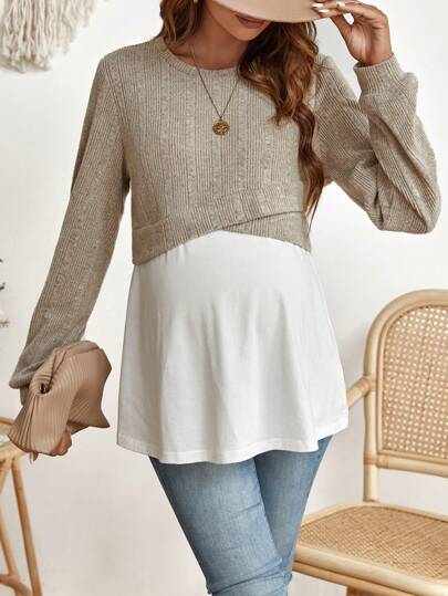 SHEIN Maternity Two Tone Wrap Cross 2 In 1 Pullover With Long Sleeve, For Winter