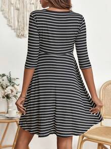 SHEIN Maternity Striped Print Nursing Dress - Black and White - View 2
