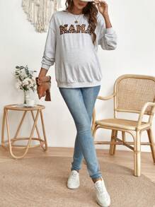 SHEIN Thai sản Báo & Đồ họa Chữ cái Thả vai Áo nỉ - Màu Xám nhạt - Xem 5