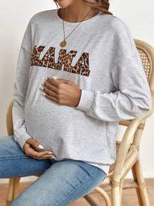 SHEIN Thai sản Báo & Đồ họa Chữ cái Thả vai Áo nỉ - Màu Xám nhạt - Xem 6