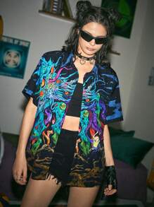 Rick and Morty | ROMWE 卡通圖案鈕扣前衛衫 - 彩色 - 查看 1