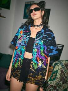 Rick and Morty | ROMWE 卡通圖案鈕扣前衛衫 - 彩色 - 查看 3