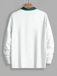 Manfinity RebelGame Men Color Block Letter Graphic Long Sleeve Half Button Contrast Collar Polo Shirt, For Boyfriend Gift, Going Out - White - View 2
