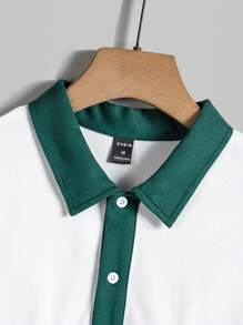 Manfinity RebelGame Men Color Block Letter Graphic Long Sleeve Half Button Contrast Collar Polo Shirt, For Boyfriend Gift, Going Out - White - View 3