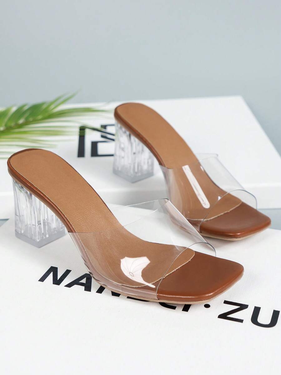 Music Festival, Vacation Season Promotion Popular New Spring, Summer, Elegant Coffee-Brown Classic Fashion Versatile Square Toe Chunky Crystal Heel Transparent Strap Decorated Series Design Classic Elegant Women High Heel Sandals