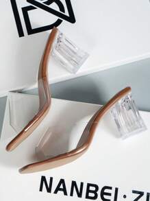 Music Festival, Vacation Season Promotion Popular New Spring, Summer, Elegant Coffee-Brown Classic Fashion Versatile Square Toe Chunky Crystal Heel Transparent Strap Decorated Series Design Classic Elegant Women High Heel Sandals - Coffee Brown - View 3