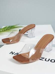 Music Festival, Vacation Season Promotion Popular New Spring, Summer, Elegant Coffee-Brown Classic Fashion Versatile Square Toe Chunky Crystal Heel Transparent Strap Decorated Series Design Classic Elegant Women High Heel Sandals - Coffee Brown - View 4