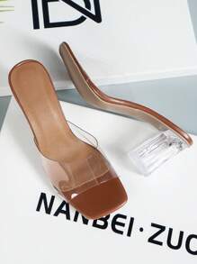 Music Festival, Vacation Season Promotion Popular New Spring, Summer, Elegant Coffee-Brown Classic Fashion Versatile Square Toe Chunky Crystal Heel Transparent Strap Decorated Series Design Classic Elegant Women High Heel Sandals - Coffee Brown - View 6