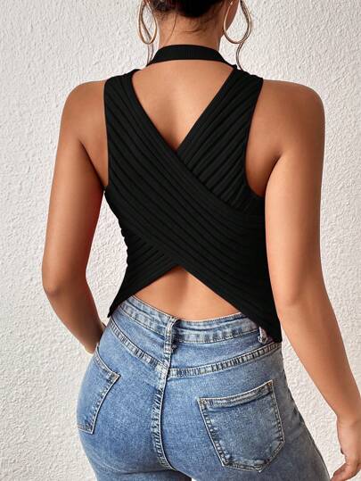 Chiquease Backless Wrap Cross Knit Top