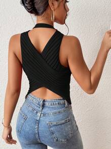 Chiquease Tops de Punto para Mujer Cruzado Abertura Envolvente Liso Casual - Negro - Ver 6