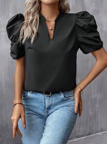 SHEIN Clasi Notched Neckline Puff Sleeve Blouse - Black - View 3
