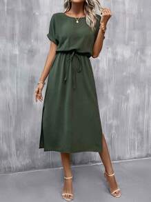 SHEIN Clasi 蝙蝠袖前打結高衩連衣裙 - 軍綠色 - 查看 4