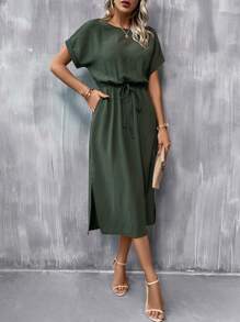 SHEIN Clasi 蝙蝠袖前打結高衩連衣裙 - 軍綠色 - 查看 7