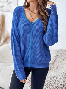 SHEIN LUNE Guipure Lace Trim Drop Shoulder Sweater - Blue - View 4