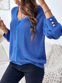 SHEIN LUNE Guipure Lace Trim Drop Shoulder Sweater - Blue - View 5