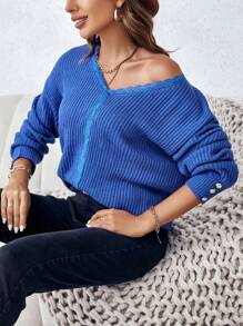 SHEIN LUNE Guipure Lace Trim Drop Shoulder Sweater - Blue - View 6