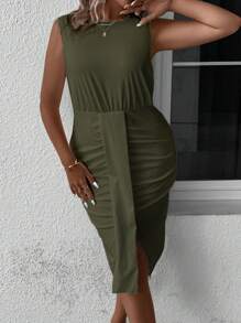 SHEIN Clasi Plus Solid Ruched Draped Front Dress - Army Green - View 4