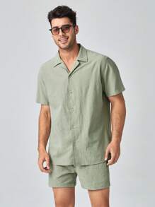 Manfinity VCAY Bộ quần short túi trước và áo sơ mi trơn màu rộng rãi cho nam - xanh quân đội - Xem 4