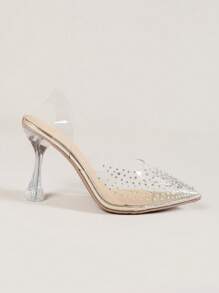 Elegant Damen High Heel Schuhe mit Kristall Absätzen, spitzer Zehenbereich, transparenter Riemen Dekor, vielseitiges klassisches Design, geeignet für Ramadan, Eid Al-Adha, Musikfestivals, Urlaubssaisonen, Frühling/Sommer/Herbst/Winter