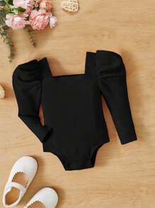 SHEIN Baby Girl Square Neck Gigot Sleeve Ribbed Knit Bodysuit - Black - View 1