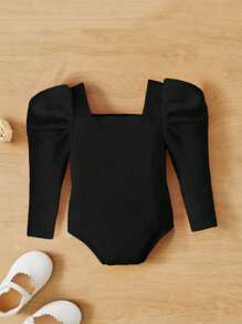 SHEIN Baby Girl Square Neck Gigot Sleeve Ribbed Knit Bodysuit - Black - View 2