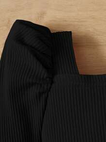 SHEIN Baby Girl Square Neck Gigot Sleeve Ribbed Knit Bodysuit - Black - View 3