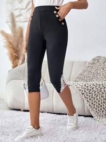SHEIN LUNE Contrast Lace Button Detail Leggings - Black - View 1