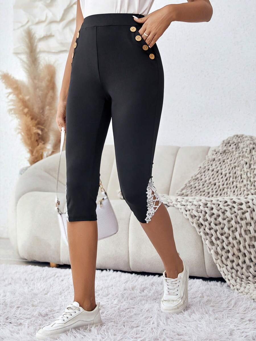 SHEIN LUNE Contrast Lace Button Detail Leggings - Black - View 1