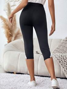 SHEIN LUNE Contrast Lace Button Detail Leggings - Black - View 2