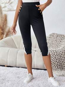 SHEIN LUNE Contrast Lace Button Detail Leggings - Black - View 4