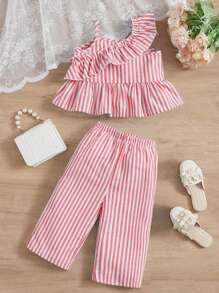 SHEIN Baby Girl Striped Asymmetrical Neck Ruffle Trim Peplum Top & Pants - Pink - View 1