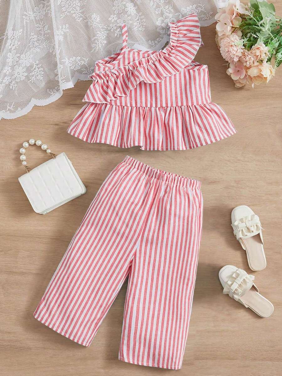 SHEIN Baby Girl Striped Asymmetrical Neck Ruffle Trim Peplum Top & Pants - Pink - View 1