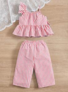 SHEIN Baby Girl Striped Asymmetrical Neck Ruffle Trim Peplum Top & Pants - Pink - View 2