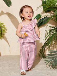 SHEIN Baby Girl Striped Asymmetrical Neck Ruffle Trim Peplum Top & Pants - Pink - View 4