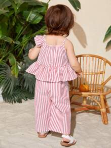 SHEIN Baby Girl Striped Asymmetrical Neck Ruffle Trim Peplum Top & Pants - Pink - View 6