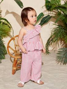 SHEIN Baby Girl Striped Asymmetrical Neck Ruffle Trim Peplum Top & Pants - Pink - View 7