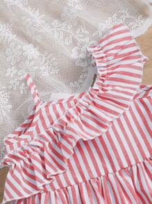 SHEIN Baby Girl Striped Asymmetrical Neck Ruffle Trim Peplum Top & Pants - Pink - View 8