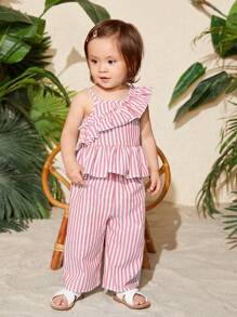 SHEIN Baby Girl Striped Asymmetrical Neck Ruffle Trim Peplum Top & Pants - Pink - View 10
