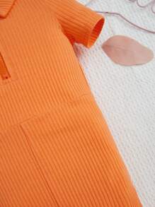 SHEIN Baby Girl Ribbed Knit Quarter Zip Tee Jumpsuit - Orange - View 3