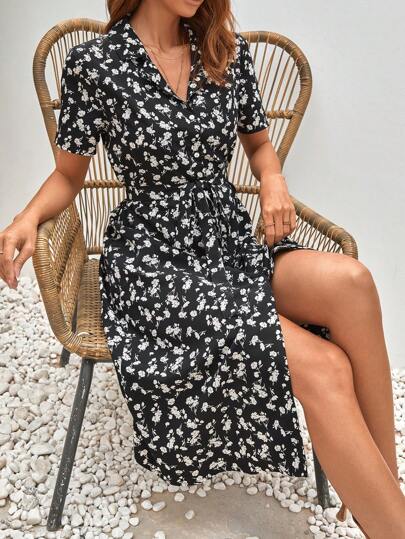 SHEIN Frenchy 碎花腰帶襯衫連衣裙