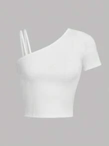 SHEIN Áo thun trơn có cổ bất đối xứng màu trơn, thích hợp cho các cô gái tuổi teen vào mùa xuân và mùa hè - trắng - Xem 1